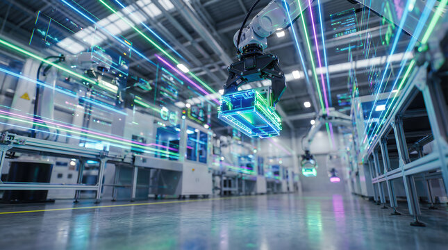 Robotic arm with gripper lifts component in automated smart factory. Digital light streams across industrial facility with multiple systems in advanced manufacturing environment
