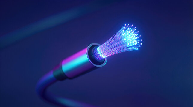 Fiber optic cable end with glowing light strands on dark background. Speed internet and broadband data transmission technology. Digital network infrastructure and telecommunication signal connection