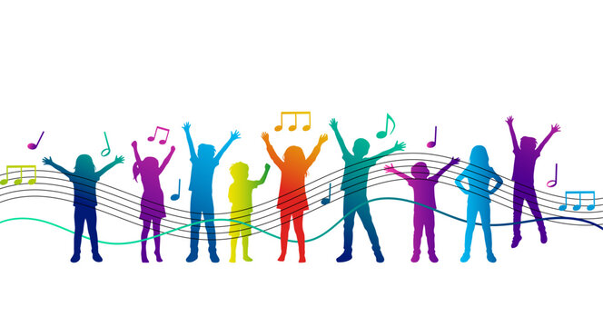 sagome, silhouette, gruppo di bambini, scuola di musica,  felici, gioia, felicit&agrave;,  felicit&agrave;, scuola, asilo, buon umore