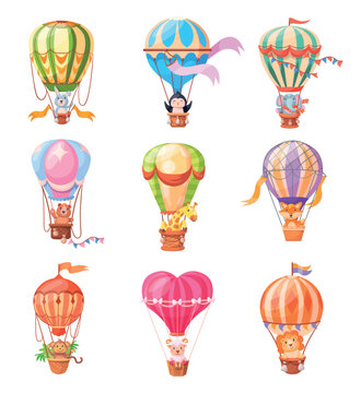 Animals hot air balloon. Cute baby animal fly in basket aerostat balloons, cartoon lion elephant giraffe monkey bear flying airship transport neat child nursery vector illustration