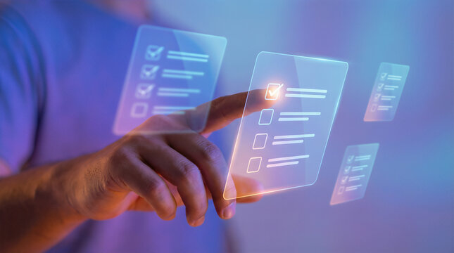 Professional touching glowing transparent virtual checklist panel with multiple floating interface screens. Digital task management and approval concept for smart business workflow and quality control