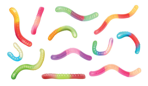 Gummy worms. Realistic sour chewy worm, candy jelly snack fruit treat colorful candies red green fun sticky sweet food dessert fruit gummy sweets set, 3d exact vector illustration