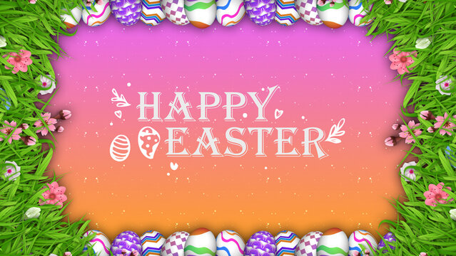 The words Happy Easter are displayed inside a colorful border of spring elements. A soft pink and orange glow illuminates the festive holiday design.
