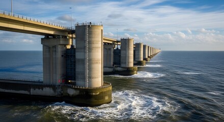 Obraz premium Massive Storm Surge Barrier Bridge Over Ocean Landscape