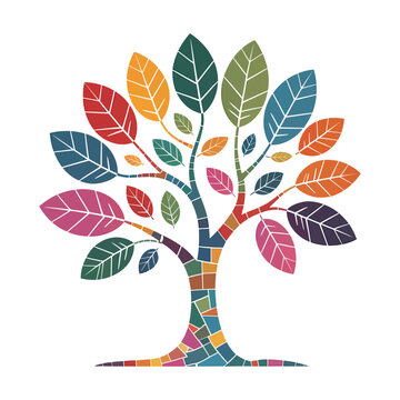 colorful mosaic tree vector illustration with vibrant leaves and geometric trunk design symbolizing growth life diversity and nature harmony in modern abstract decorative style