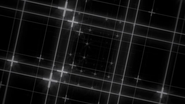 4K seamless loop of a rotating monochrome grid, glowing lines with scaling effect and flashing cross intersections on a black background.
