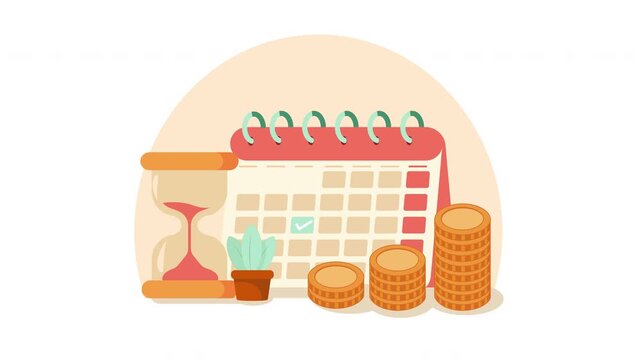 Time Management and Productivity Schedule Animation with Hourglass Calendar Plant and Coins Loop Transparent Background