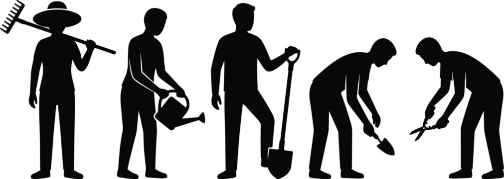 Black silhouette icons of gardening activities including rake, watering can, shovel, hand trowel, and pruning shears for landscaping, farming, and outdoor design illustration
