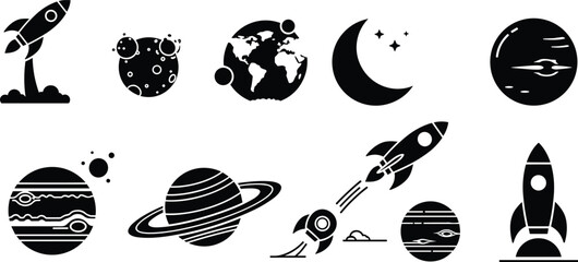 Black silhouette icons of rockets, planets, moons, and celestial bodies including Earth, Saturn, crescent moon, and cratered surfaces for astronomy and science design © Adib