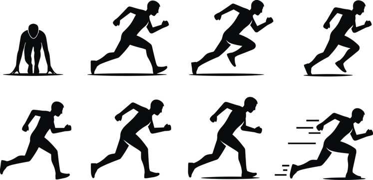 Black silhouette icons showing sprinting progression from crouched start to full running motion with speed lines, ideal for sports science, fitness, and animation design