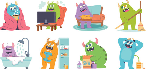 Cute cartoon monsters doing everyday activities relaxation and chores fun characters collection © Mst