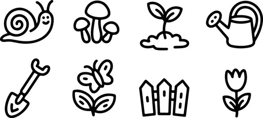 Charming garden icons snail mushroom sprout watering can shovel butterfly fence flower © Mst