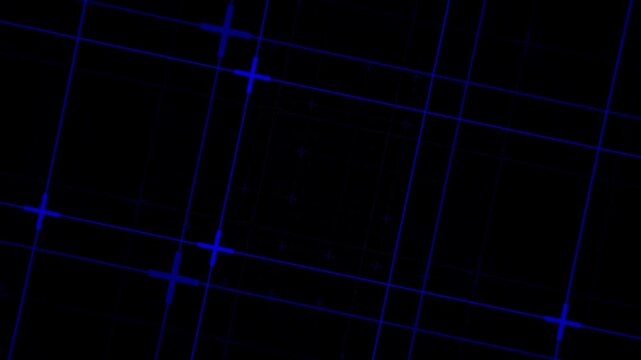 4K seamless loop of a rotating blue neon grid, dynamic scaling lines and flashing cross intersections, dark background.