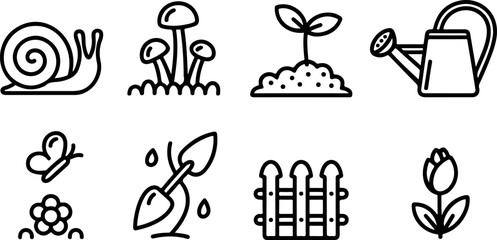 Cute garden icons set snail mushroom seedling watering can shovel butterfly flower fence © Mst