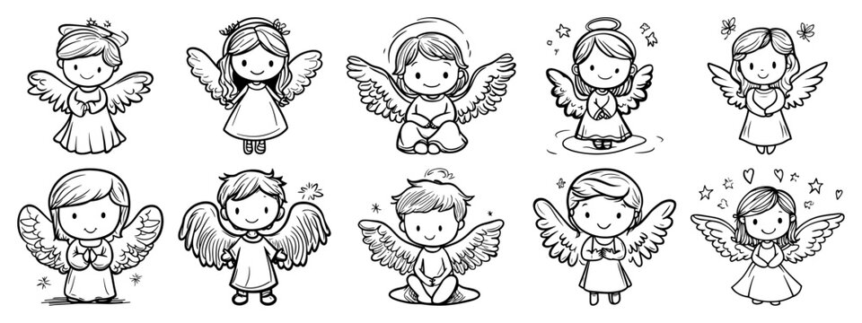 Cute little angel characters set vector, baby cherub with wings collection in hand drawn cartoon sketch style