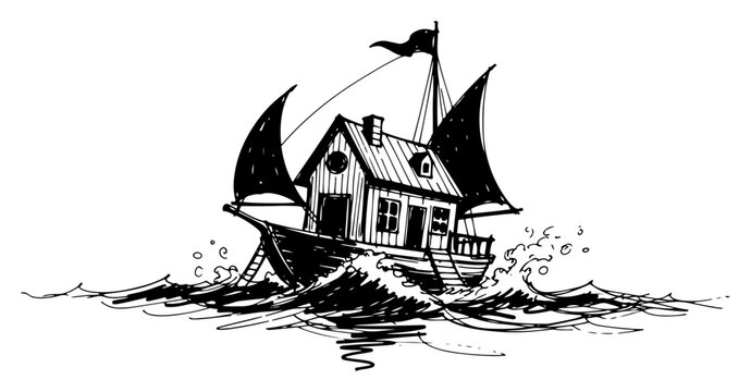 Houseboat sailing on ocean waves vector, floating house ship on sea water in hand drawn vintage sketch style