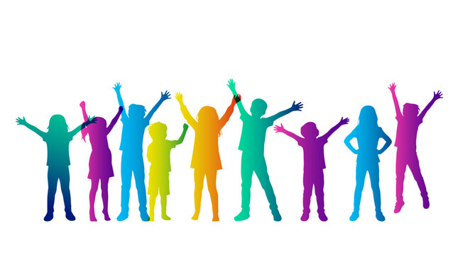 sagome, silhouette, bambini, gruppo di amici, allegria, festa, buon umore