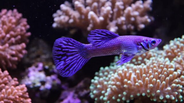 Vivid bright purple guppy fish swims gracefully among detailed coral structures within a dark aquarium environment