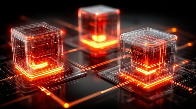 Three cubes with red lights on them. The cubes are arranged in a row. The cubes are made of clear plastic