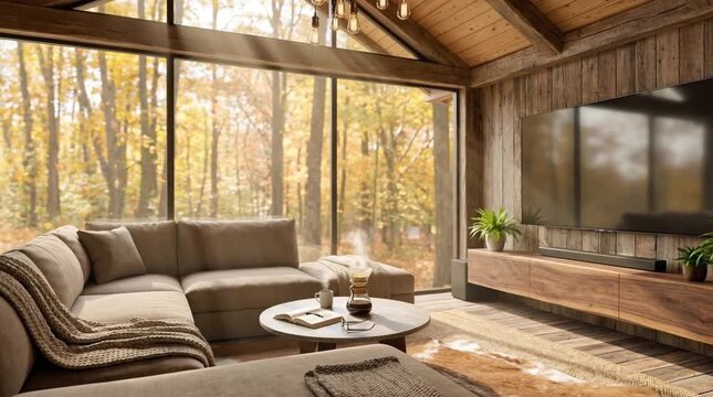 Cozy cabin living room with large windows overlooking autumn forest