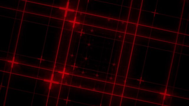 4K seamless loop of a rotating red neon grid, lines scaling inward with blinking cross intersections, dark background.