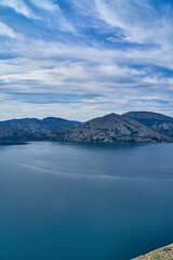 Obraz premium Wide aerial panorama of Sibiny Lakes surrounded by granite mountains in Kazakhstan (Qazaqstan)