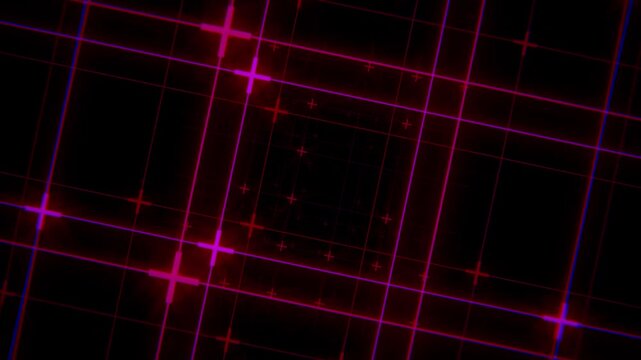 4K seamless loop of a rotating neon mesh, red and blue glowing lines with dynamic scaling and flashing crosses at intersections, black background.