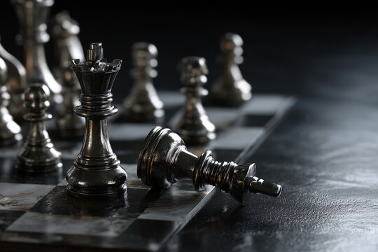 Chess king standing and fallen piece on board, business strategy, leadership and competition concept
