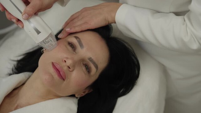 Closeup top view of professional dermatologist performing radiofrequency microneedling treatment on female patient face for skin rejuvenation and anti aging facelift therapy in beauty clinic.