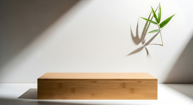 Minimalist wooden box with plant shadow