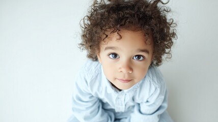 Naklejka premium Close-up portrait of young child with curly hair in pastel blue clothing
