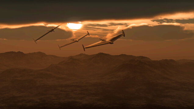 The HESA Shahed 136 is an Iranian loitering munition in the form of an autonomous pusher-prop drone. Drones flying at sunset. Sensitive targets, attack. Kamikaze drone. 3d rendering