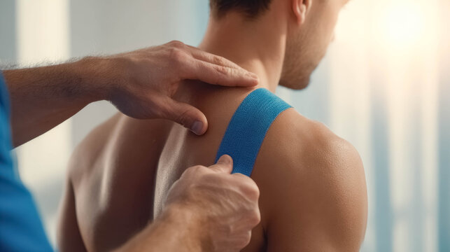 Physiotherapist applying kinesiology tape on patient shoulder, sports injury rehabilitation