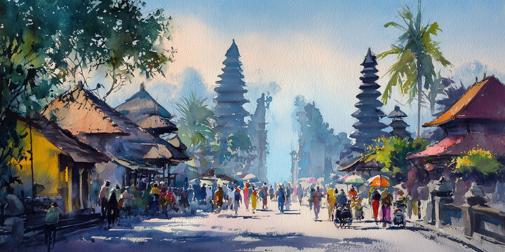 beautiful Bali watercolour temple landscape 