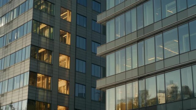 Modern glass towers in Paris La Defense, sunny afternoon, slow motion