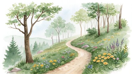 Fototapeta premium Serene Winding Path Spring Meadow Forest Trees Watercolor Landscape