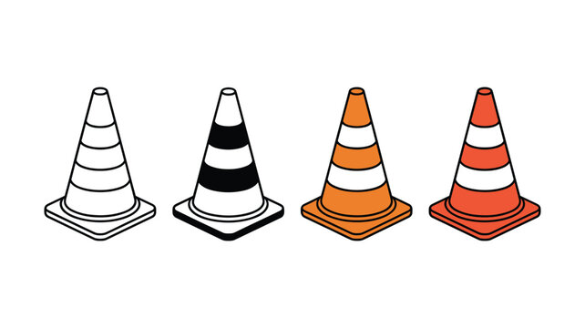 Safety traffic cone set in different styles and colors for construction