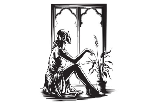 Vintage woodcut illustration of melancholic woman sitting by gothic arched window next to potted plant in contemplation