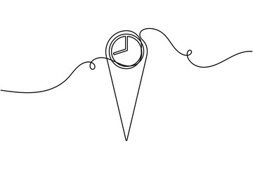 Fototapeta premium Map marker location pin with clock sign icon continuous one line art single drawing on white background minimalist delivery time symbol outline vector illustration