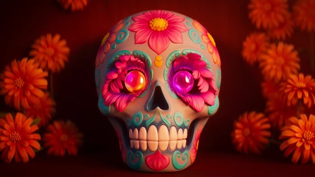 Ornate sugar skull decorated with colorful flowers in a festive dia de los muertos composition