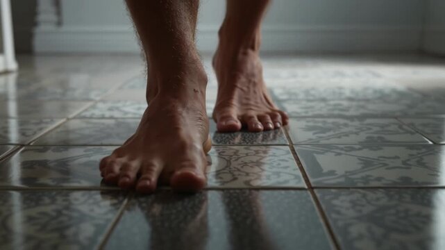 Close-up of bare feet walking on a patterned tile floor. Low angle view of a man stepping slowly towards the camera inside a house. Morning routine and domestic lifestyle concept