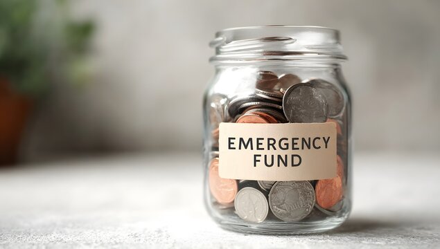Clear glass jar filled with various coins labeled as an emergency fund placed on a light textured surface in soft indoor lighting conveying financial preparation and security