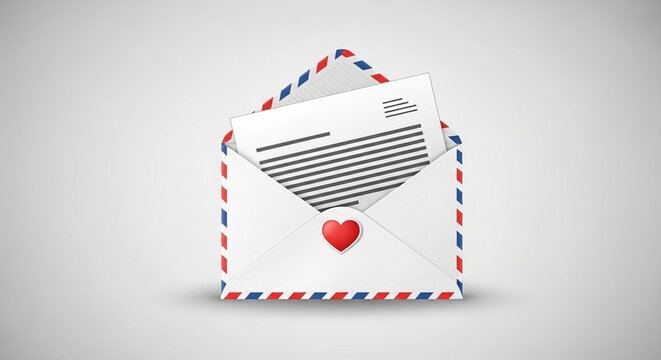 A vector graphic of a red and blue striped envelope with a letter and heart