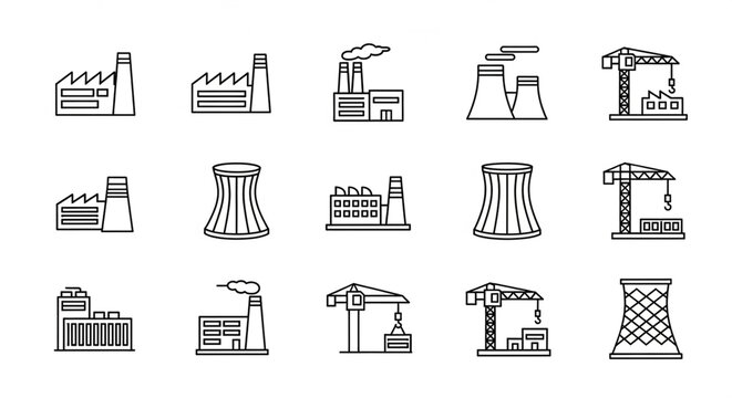 A set of industrial vector icons depicting factories and power plants