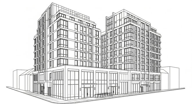 A modern architectural illustration of a multi-story building complex