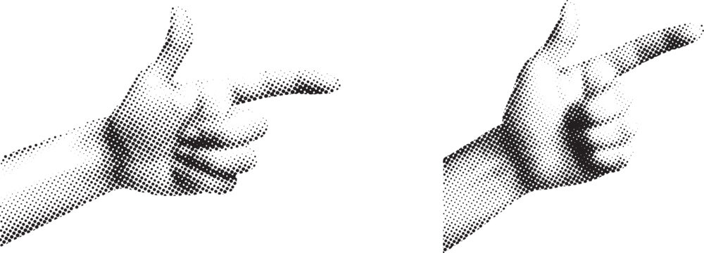 Two monochrome halftone hands pointing in different directions isolated on transparent background