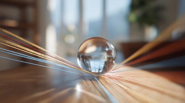 Lagrange point stability demonstration using suspended ball bearing arrangement, gravitational equilibrium zones marked with colored string triangulation, physics education laboratory setup, ideal