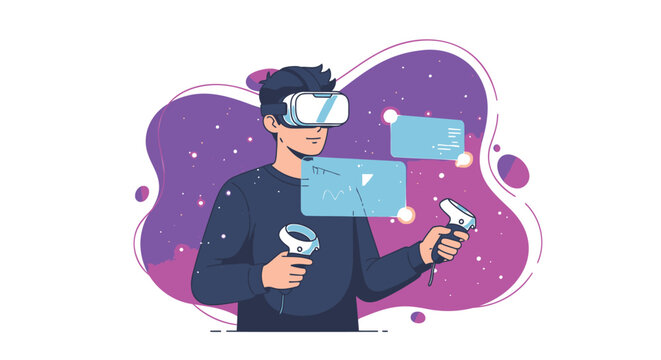 Vector illustration of man wearing VR headset and holding controllers