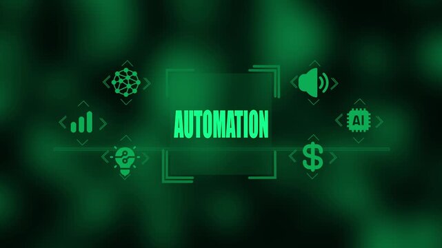 Digital displaying the word AUTOMATION in bright green text with surrounding green for AI data analytics a lightbulb sound and a dollar sign against a blurred dark