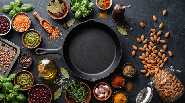 A collection of fresh ingredients and spices arranged around a rustic cast iron skillet on a dark, textured background, ready for gourmet cooking, olive oil